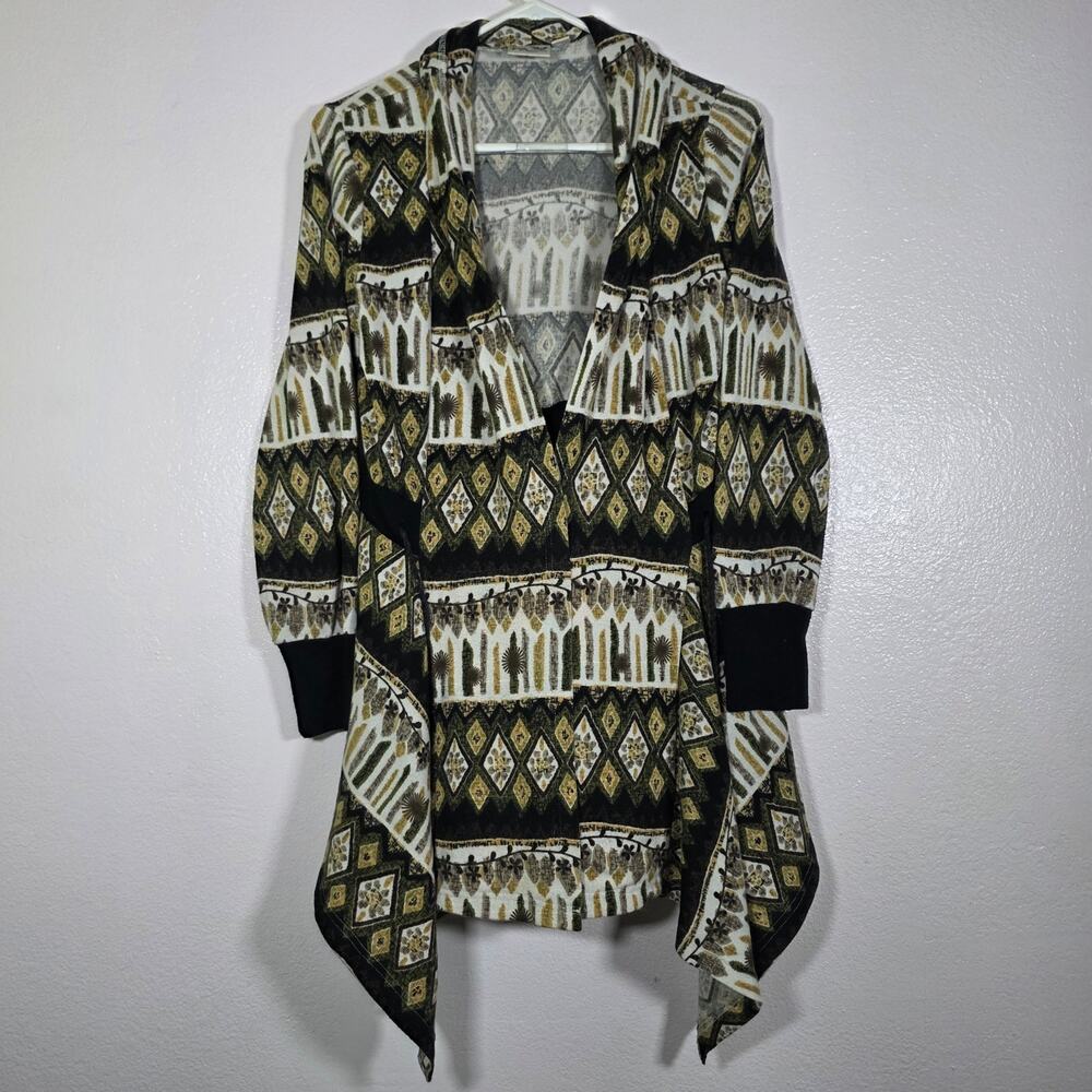 Young Threads Geometric Open Boho Front Draped Cardigan Black Beige M